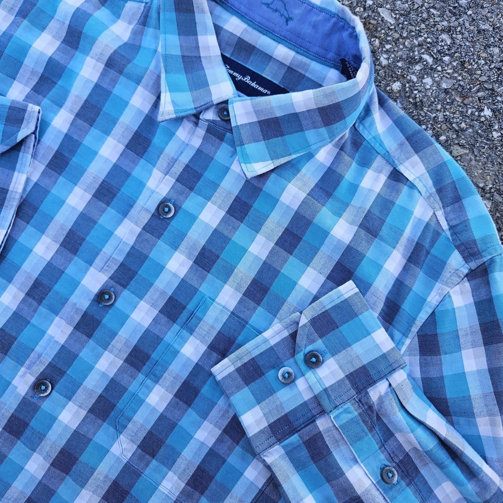 TOMMY BAHAMA Silk Cotton Button Front Shirt Mens Large Plaid Blue White